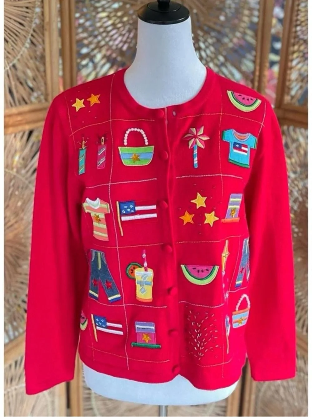 Vintage Berek Red Knit Embroidered Fourth of July Summer Patriotic Cardigan S